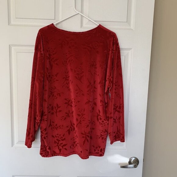 Jouly Women’s Size 1XL Red Floral Crushed Velvet Top Long Sleeve 90’s Vintage - Picture 6 of 10